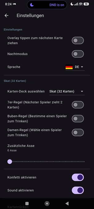 Asse ziehen - settings menu