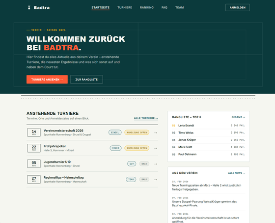 Badtra - Startseite mit Turnierübersicht und Rangliste